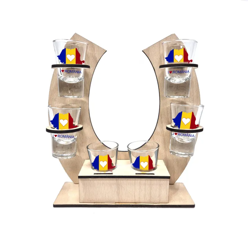 Harta i love romania, suport potcoava din lemn cu 6 pahare tip shout, model hgs059